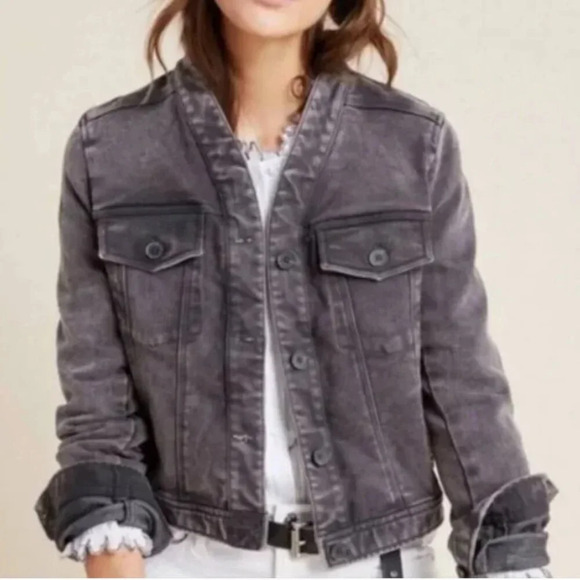 ANTHROPOLOGIE Bibiana Bomber Denim Jacket Acid Wash Black Gray size LP - Picture 9 of 11